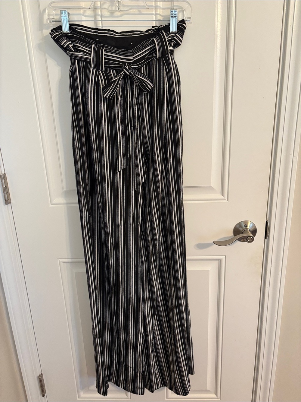 Express Black & White Vertical Stripe Paperbag Wide-Leg Pants